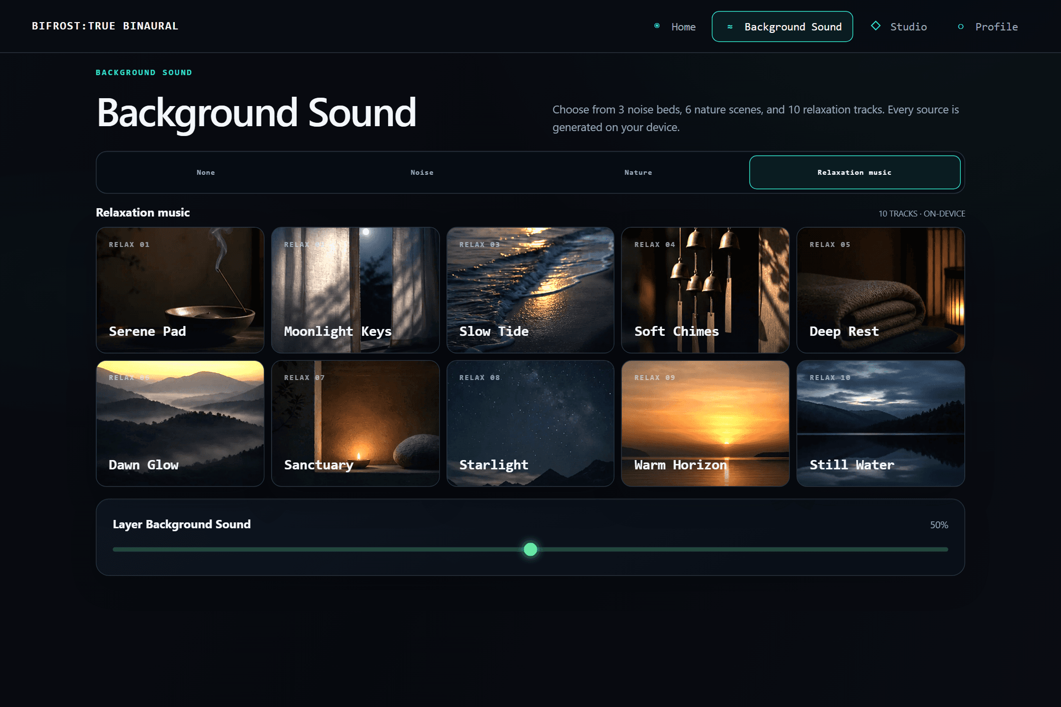 The BIFROST sound composition screen, layering a background sound