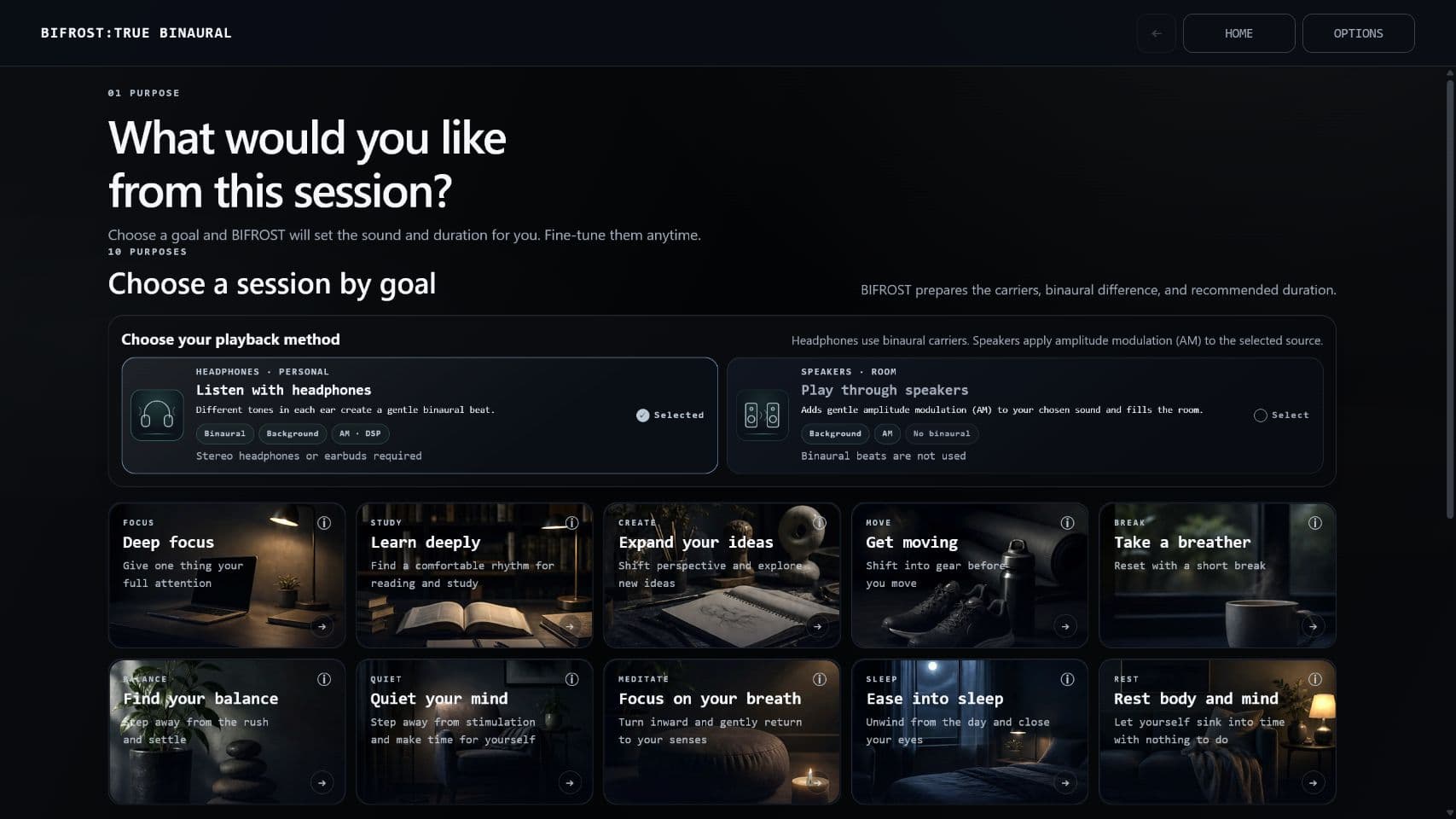 The BIFROST home screen, showing ten purposes to choose from
