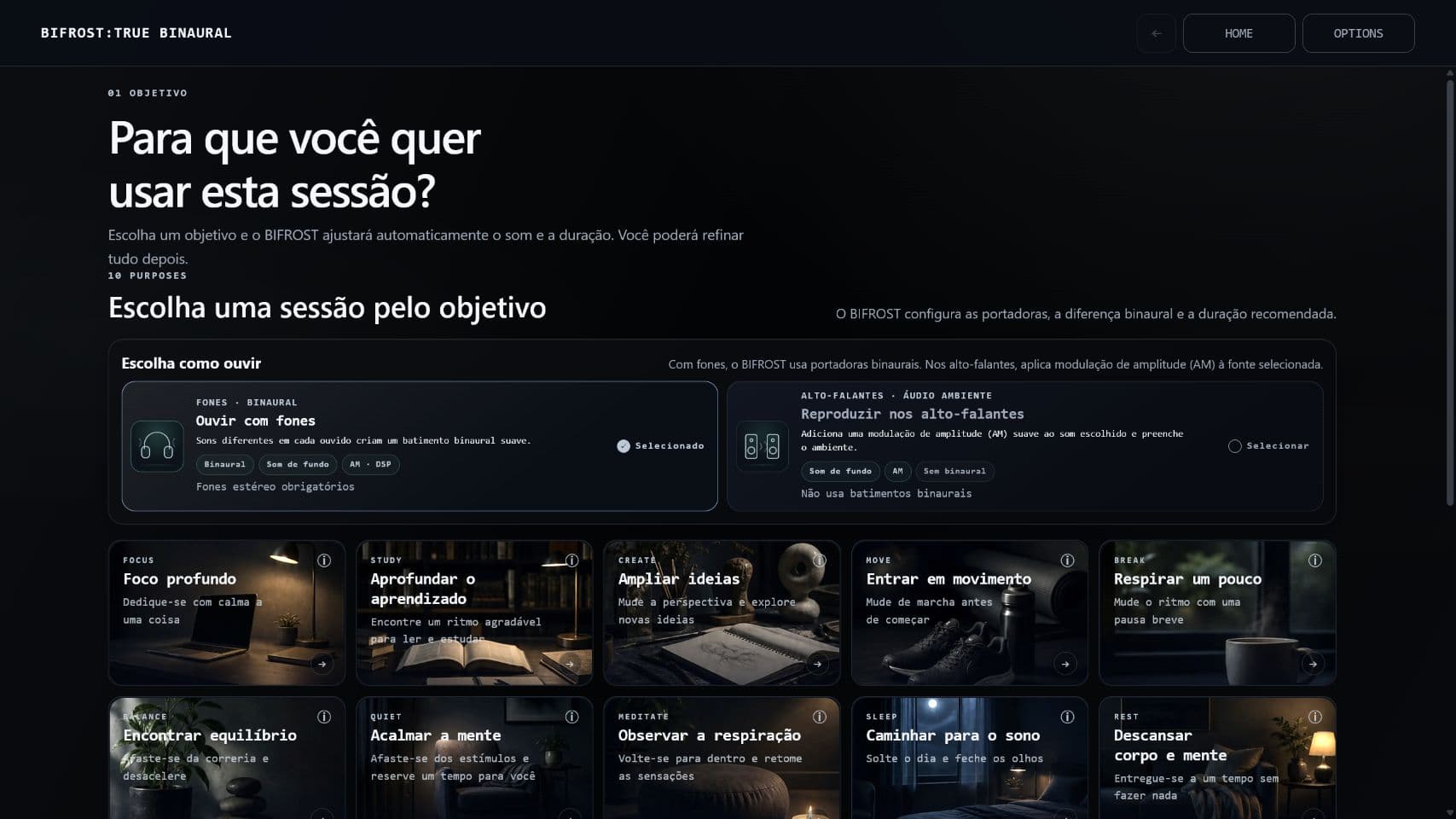 A tela inicial do BIFROST, com dez propósitos para escolher